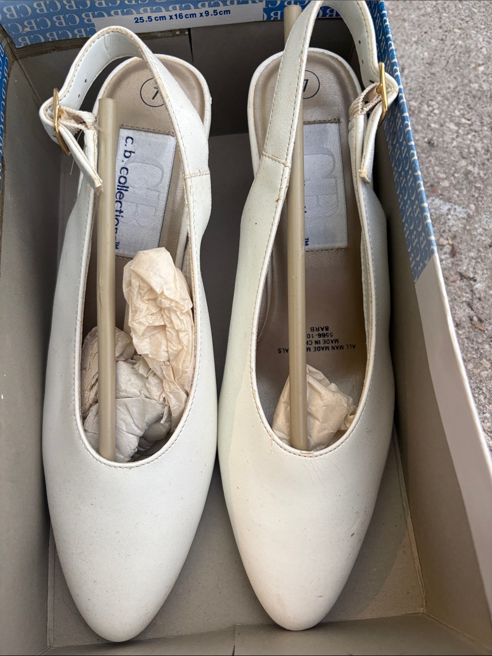 BCBG Cream Pointed-Toe Slingback Mules with Gold Buckle
